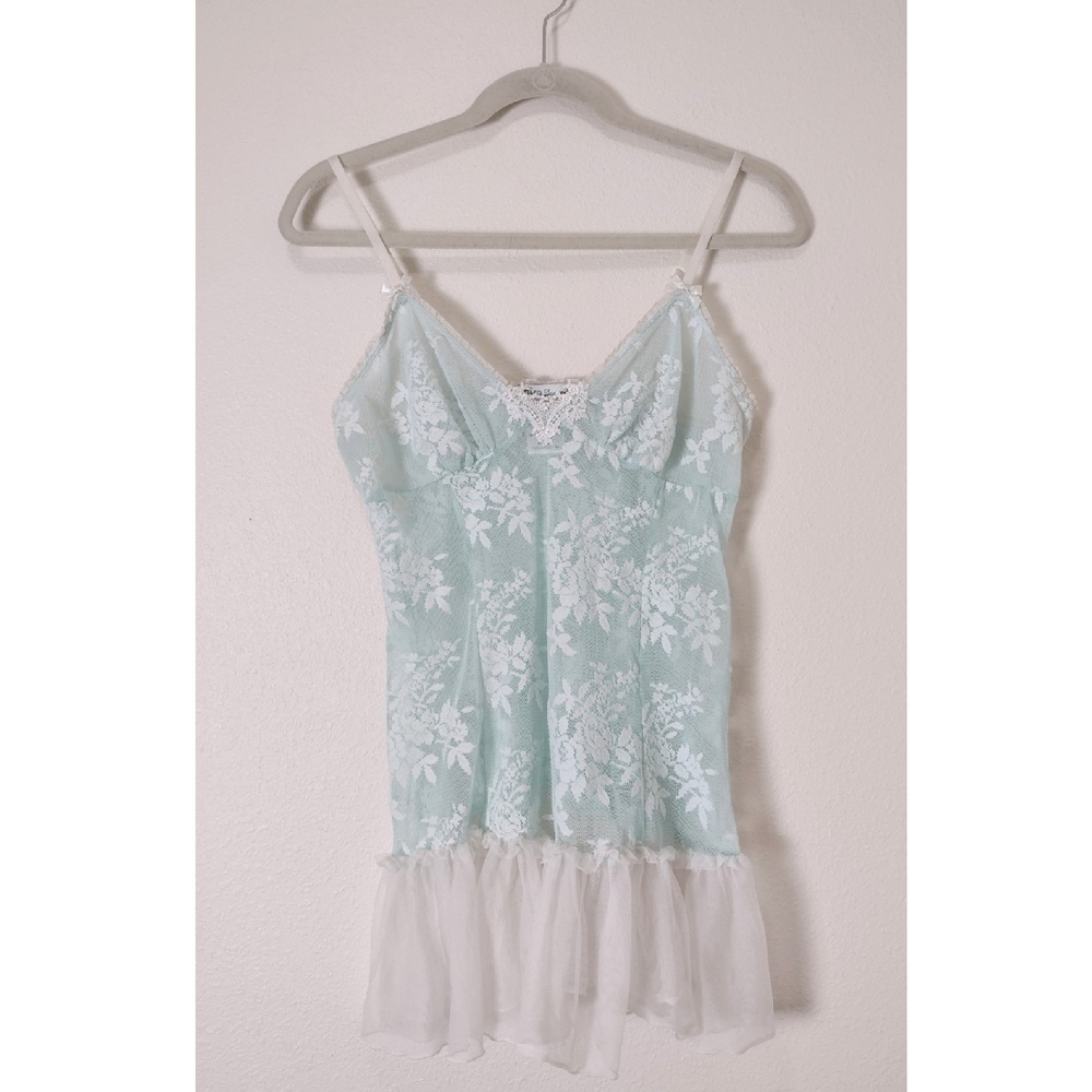 Intimo Donatella Sheer Mesh Lace Ruffle Short Babydoll Chemise Blue White Size M